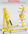 Heavy Duty 2 Ton Engine Hoist With Folding Crane And Lever, Portable Car Lift, 6 Steel Casters, yellow frame detail display.