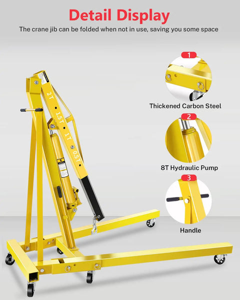 Heavy Duty 2 Ton Engine Hoist With Folding Crane And Lever, Portable Car Lift, 6 Steel Casters, yellow frame detail display.