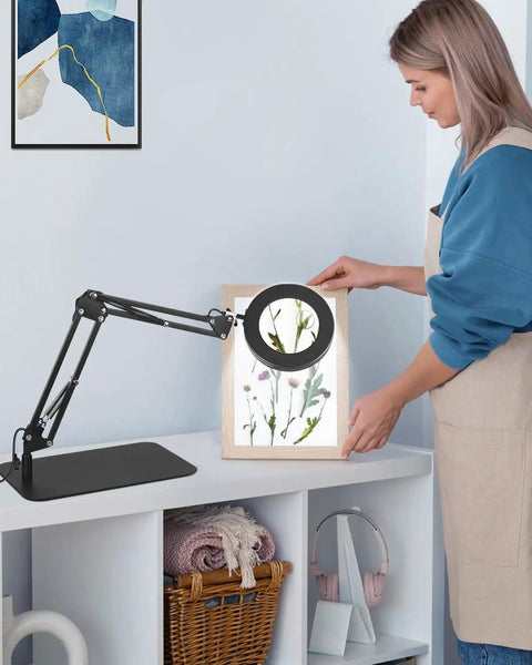 5X And 10X Magnifying Lamp With Stand Clamp Lighted Magnifier For Close Work on desk in craft room with adjustable arm