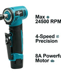 Tough As Nails 12V Cordless Right Angle Die Grinder Kit Featuring 90 Degree Angled Head Four Speed Controls Hitting 24500 RPM with powerful motor.