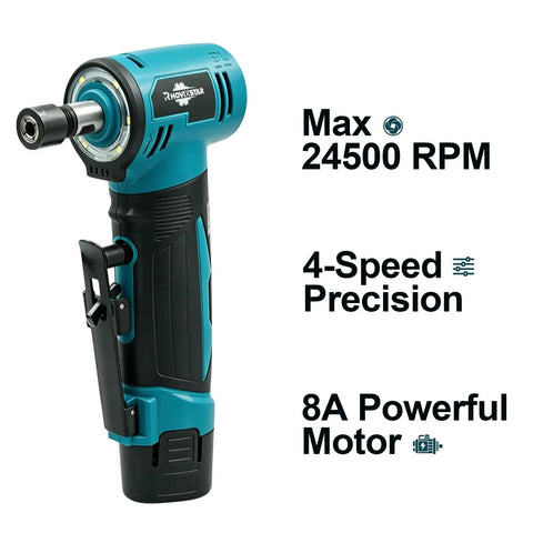 Tough As Nails 12V Cordless Right Angle Die Grinder Kit Featuring 90 Degree Angled Head Four Speed Controls Hitting 24500 RPM with powerful motor.