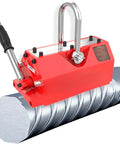 Hella Strong Heavy Duty Magnetic Lifter For Flat Steel Plates And Round Bars on a round steel bar with rubber grip.