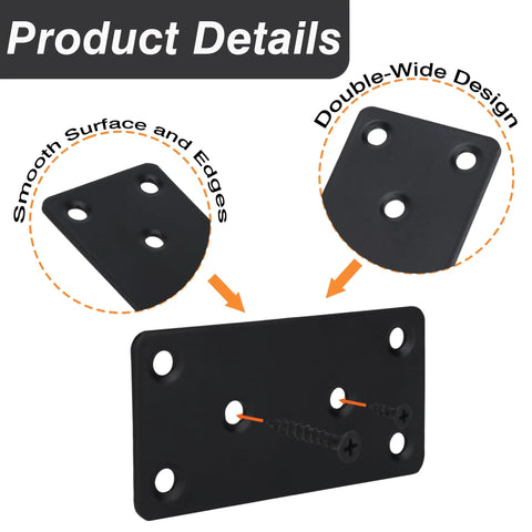 Heavy Duty Mending Plates And Black Corner Braces Built Tough As Nails For Furniture Repairs Or Woodworking Fixes Rust Resistant Coating Comes In 4 Pack With Screws, showing double-wide design with screws.