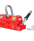 Heavy Duty Permanent Magnetic Lifter With Rock Solid Grip, 2200 Lb Plate Magnet For Crane And Workshop Rigging, No Sweat Neodymium Steel Handler For Your Daily Grind in red with safety labels.