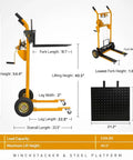 Heavy Duty Manual Pallet Stacker With Rock Solid Winch System Designed For Narrow Aisles And No Sweat Lifting Of Heavy Crates Up To 330 Pounds In Any Warehouse, side view with dimensions.