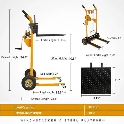 Heavy Duty Manual Pallet Stacker With Rock Solid Winch System Designed For Narrow Aisles And No Sweat Lifting Of Heavy Crates Up To 330 Pounds In Any Warehouse, side view with dimensions.
