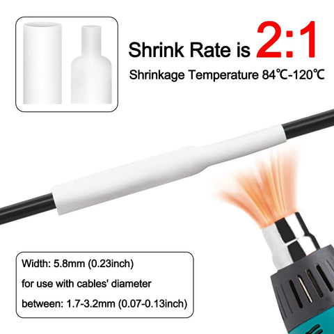 10 Pack Heavy Duty Heat Shrink Tubing Compatible HSE211 5.8mm 1/4 Inch Wide showing shrink process with black cable and heat source.