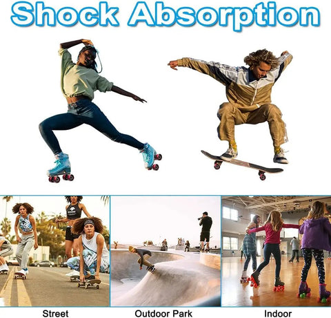 People using 8 Pack Roller Skate Wheels With Bearings Installed And 2 Toe Stoppers for Quad Skates and Skateboards, indoor and outdoor use.