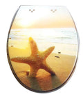 Top Shelf Elongated Toilet Seat With Soft Close Slow Closing Lid Made Pretty Dang Durable From Quality Resin And Using Smooth Stainless Steel Hinges To Skip All The Slamming Nonsense For Quick Cleaning, featuring starfish and beach image.