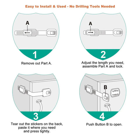 Installation steps for 12 Pack Adhesive Baby Proof Cabinet Locks For Drawers Cabinets Dishwashers Fridges And Ovens No Drill