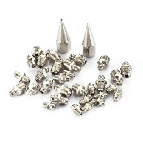 Premium Brass Zerk Grease Nipple Fitting Kit 32 Pcs M6 M8 M10 Sizes Heavy Duty Wear Resistant Lubrication Fittings displayed on white surface
