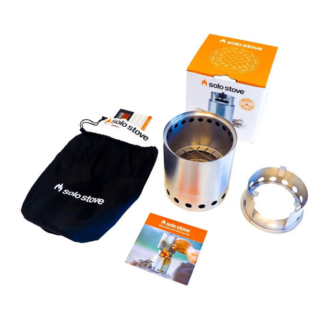 Titan Camping Stove For Backpacking And Outdoor Cooking with packaging, accessory, and carry bag visible