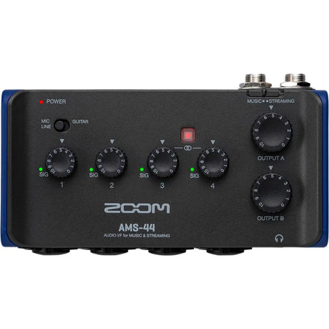 Front view of AMS-44 USB Audio Interface For Musicians And Podcasters With Four Inputs And Four Outputs Loopback Direct Monitoring