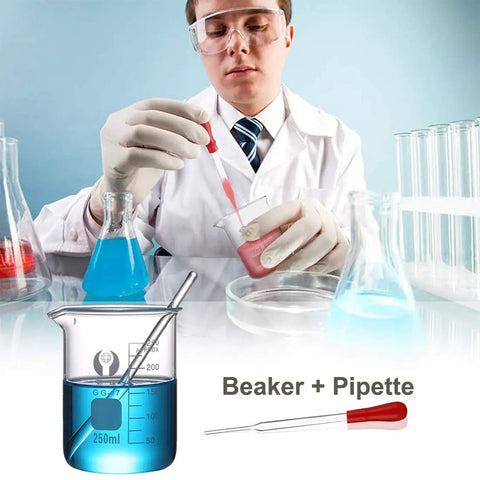 Scientist using Glass Beaker Set for Lab Work 5 Piece Beaker Kit 50ml 100ml 250ml 500ml 1000ml with pipette in laboratory