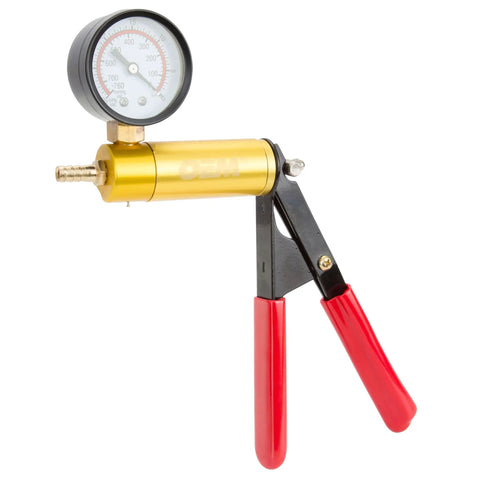 One-Man Brake Bleeder Kit With Vacuum Pump Tester gauge and handle, brass and black metal, red grip, for automotive diagnostics.