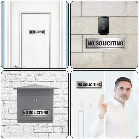 Two Pack Metal No Soliciting Signs For Home And Office Doors Self Adhesive Weather Resistant Aluminum 7 By 2 Inches on surfaces