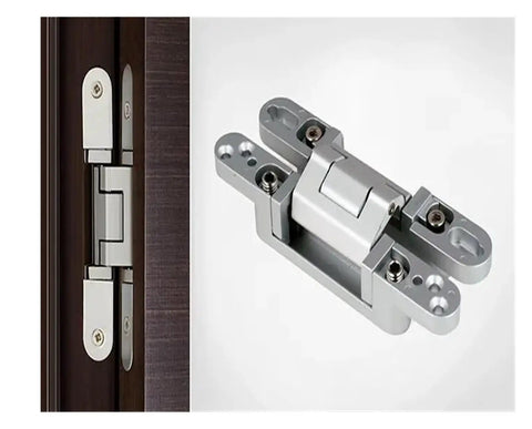 Zinc Alloy 180 Degree 3D Adjustable Concealed Door Hinge in silver on door and standalone, ideal for interior doors.