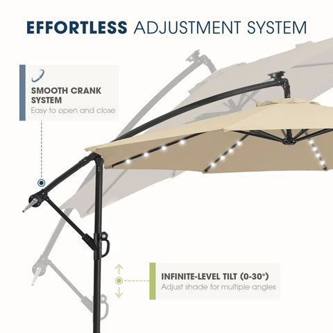 10ft Solar LED Offset Patio Umbrella With Cantilever Design Beige Shade 32 LED Lights Easy Tilt Adjustment System Demonstration