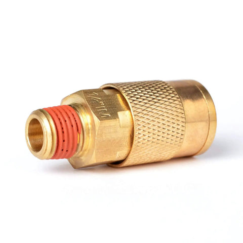 Solid brass quick connect for Built Damn Tough 3/8 Inch By 10 Ft Hybrid Air Compressor Hose Kit with textured grip.