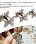 3 Piece Watch Repair Tool Set With Plastic Movement Holder for adjusting and disassembling movements, metal tools with watch parts.
