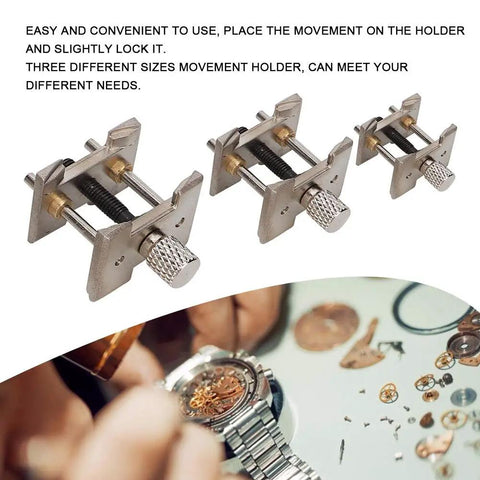 Three Piece Watch Movement Holder Set Pro Grade Heavy Duty Metal Base for Stable Movement During Repairs
