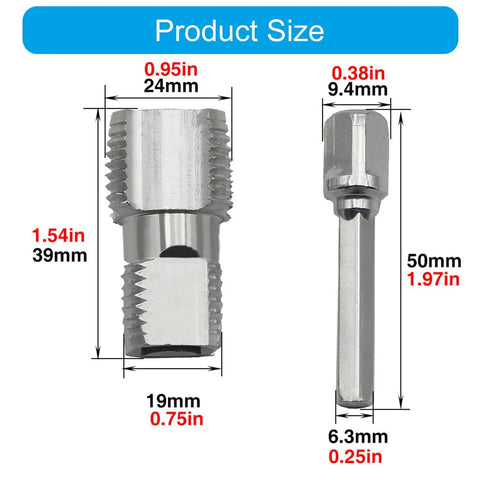 Heavy Duty PVC Pipe Threader Set With 1/2 And 3/4 Inch Dies dimensions, showing threaded die and adapter sizes.
