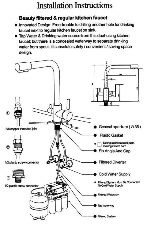 Installation instructions diagram for Brushed el Kitchen Faucet with 360° SwivelDual Handle Drinking Water Filter TapDeck Mounted Sink Mixer3-Way Design.