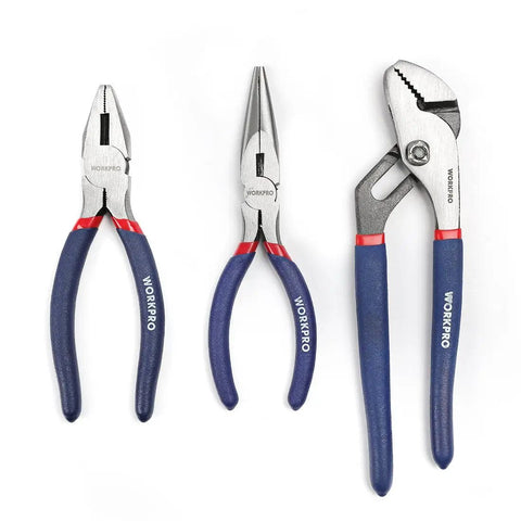 Set of three pliers from the 125 Piece Household Tool Kit With 3.6 Volt Cordless Rechargeable Screwdriver And 13 Inch Portable Carry Bag