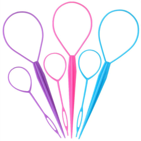 Six Piece Topsy Tail and Hair Loop Styling Tool Set for Ponytail Makers, French Braid Loops, and Pull Through Tools for Durable, Reboundable Hair Accessories in Pink, Blue, Purple for Women and Girls, six-piece plastic set
