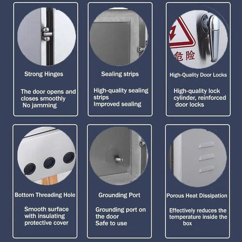 Stainless Steel IP67 Outdoor Electrical Enclosure With Mounting Kit Wall Mounted Control Box For Electrical Equipment Heavy Duty All Weather Resistant Junction Box 60x25x80 Cm Or 60x30x80 Cm 304 Grade, hinges and lock detail