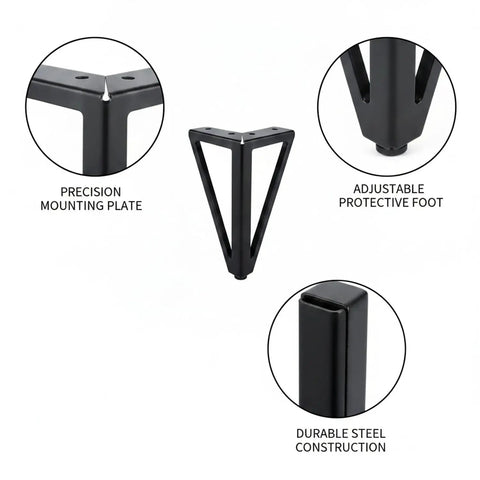 Replacement Feet for Sofas and Cabinets, 5.9 Inch Hollow Steel Furniture Legs in Matte Black, 4 Pack with precision mounting plate.