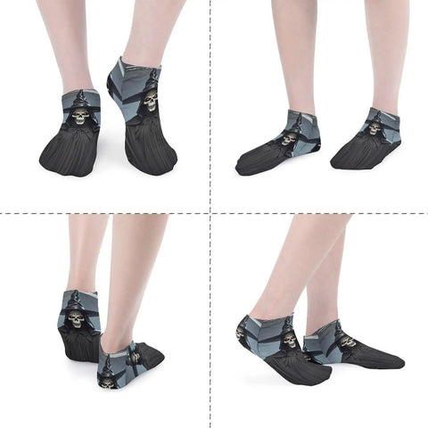 Death Scythe Ankle Socks 5 Pairs No Show Non Slip Low Cut Athletic Socks for Women and Men featuring skull design, side view.
