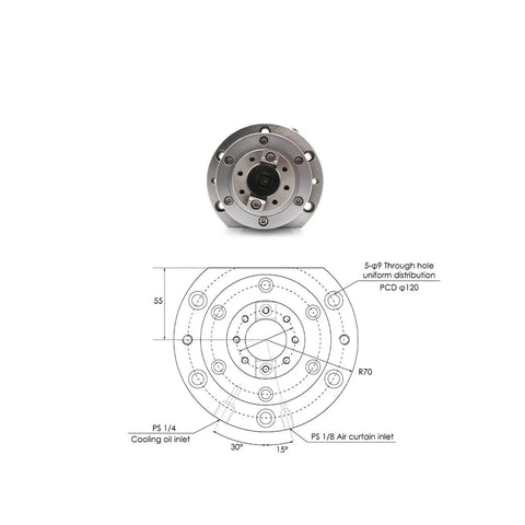 Front view and schematic of BT30 CNC Router Spindle 3KW To 5.5KW High Speed Milling Machine With 7008C Ceramic Bearings.
