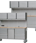 Dang Tough Rolling Tool Chest In A 2 Pack With 11 Drawers And 3 Lockable Cabinets Slick Stainless Steel Shop Rig with wooden worktop