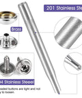 Marine Grade Stainless Steel Canvas Snap Kit With 150 Pc Heavy Duty Fasteners And 2 Pc Setting Tools for Boat Covers, showing brass and stainless steel components.
