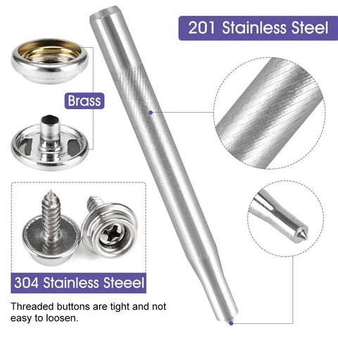 Marine Grade Stainless Steel Canvas Snap Kit With 150 Pc Heavy Duty Fasteners And 2 Pc Setting Tools for Boat Covers, showing brass and stainless steel components.