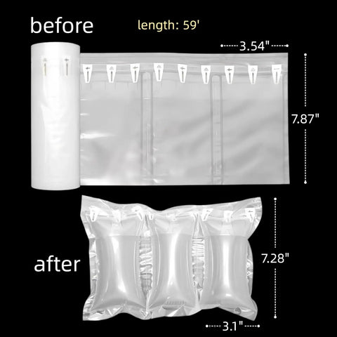 Air Pillows for Shipping With Pump, 200 Count Packing Air Bags, Inflatable Box Cushions, before and after inflation view
