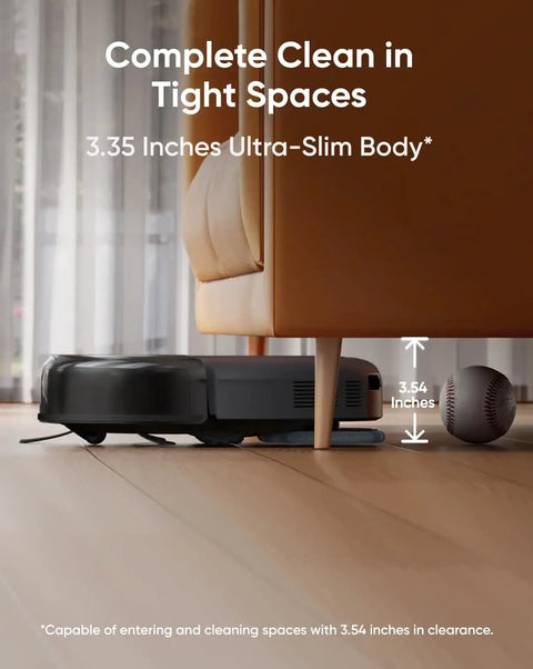 All-In-One Robot Vacuum And Mop For No-Fuss Effortless Home Cleaning, Smart Mapping, Powerful Suction, Auto Recharge, Handles Pet Hair On Carpets And Hardwood, Quiet Black Finish under a couch