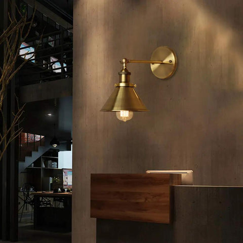 Two Pack Brass Finish Retro Industrial Wall Sconces With Cone Shade Adjustable 1 Light Wall Lamp 7.2 Inch on wall
