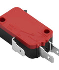 Rock Solid Heavy Duty Spdt Micro Switch With A Rugged Pin Plunger Actuator And Crisp Snap Action 16Amp 125 250Vac Straight Up Quick Connect Terminals 5 Pack showing red and black housing with quick connect terminals.