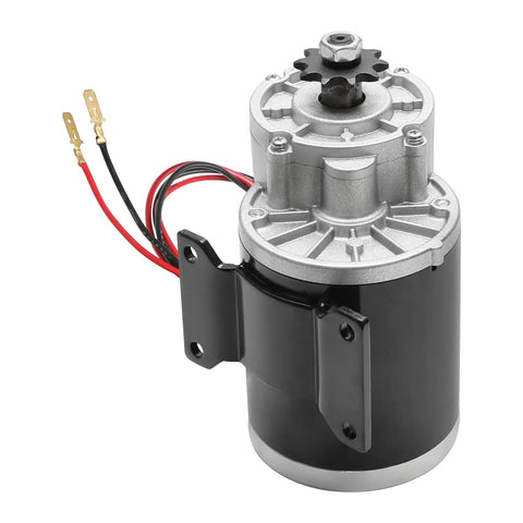 Heavy Duty 24V 450W Brushed Gear Motor Kit With Controller showing detailed wiring and metal casing for ebikes and go karts.