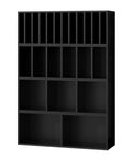DIY Modular Cube Bookcase System With 23 Cube Open Shelves Stackable and Expandable Cube Set for Books Fabric Storage Bins and 7 to 10 Inch Vinyl Record Organizer Black front view