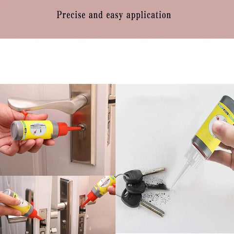 60ml Graphite Lock Lubricant Two Pack for door locks, keys, windows, and cars shown with pencil applicator in action.