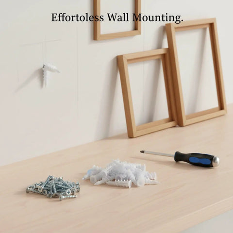 100-Pack M10 Nylon Drywall Anchors With Screws Kit For Hollow Walls displayed with wooden frames and screwdriver on table.