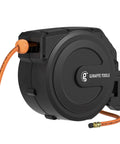Retractable Air Hose Reel With Enclosed Housing, Three Eighths Inch By 50 Ft Hybrid Hose, wall mount, side angle view