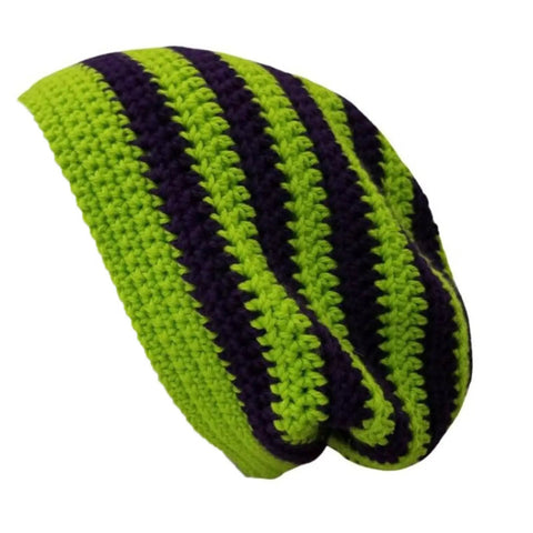 Colorful Rainbow Striped Knit Beanie For Women Cozy Warm Hat For Outdoor Adventures Travel Camping Hiking Skiing Breathable Comfort And All Day Comfort And Warmth, green and purple stripes, side view