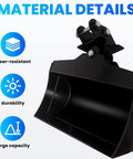 Ultimate Tough-as-Nails Mini Excavator Hydraulic Bucket Attachment Bundle with 33-Inch Length shown with material details