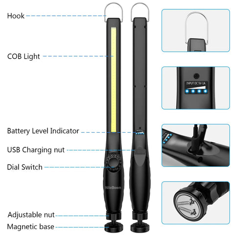 Diagram of Two Pack Rechargeable LED Work Light 800 Lumens COB With Power Indicator Magnetic Base And Hook 360 Degree Swivel USB Charging