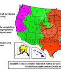 US map showing shipping times for Beefed Up Stainless Steel Exhaust System Kit With Resonator And Intermediate Pipe For Chevrolet Impala 2006 2011 3 5L Direct Fit Muffler Replacement Includes Free Gaskets Clamps Hangers And Nuts
