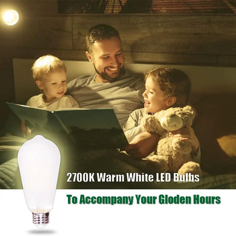 Family reading with ST64 Vintage LED Bulbs 6W 60W Equivalent, 2700K Warm White, 800lm, Dimmable With E26 Base in cozy glow